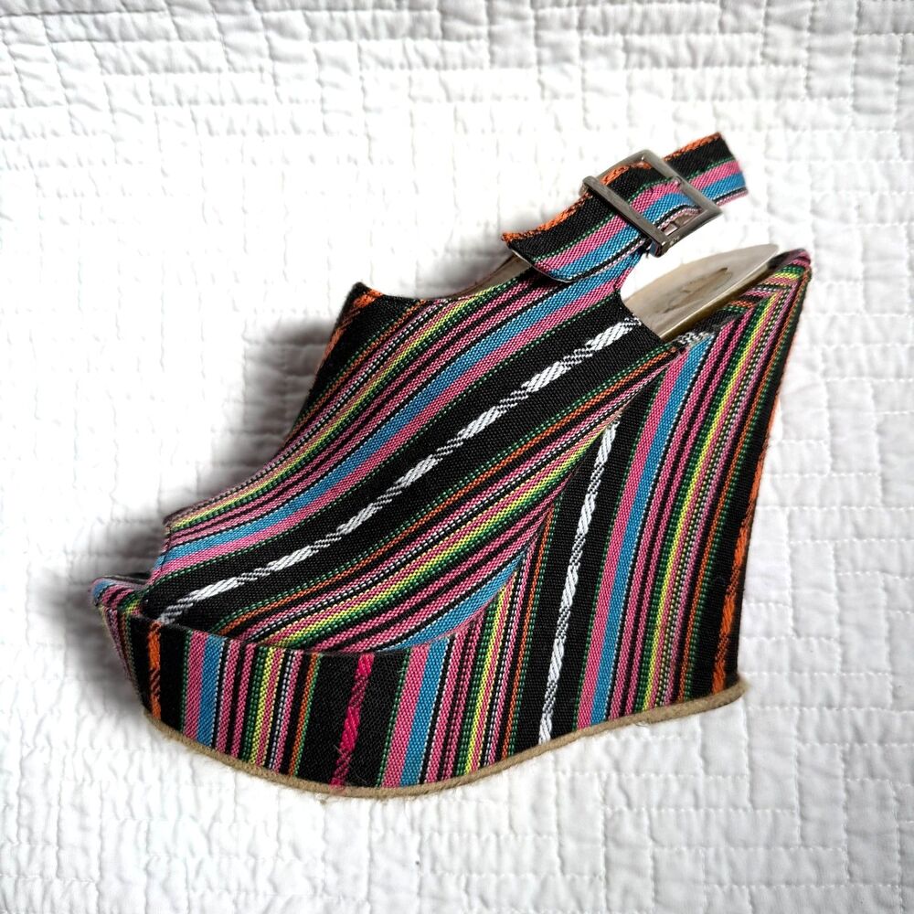 Fabulous Brand Multi Color Striped Platform Wedge Slingback Sandals Size 8